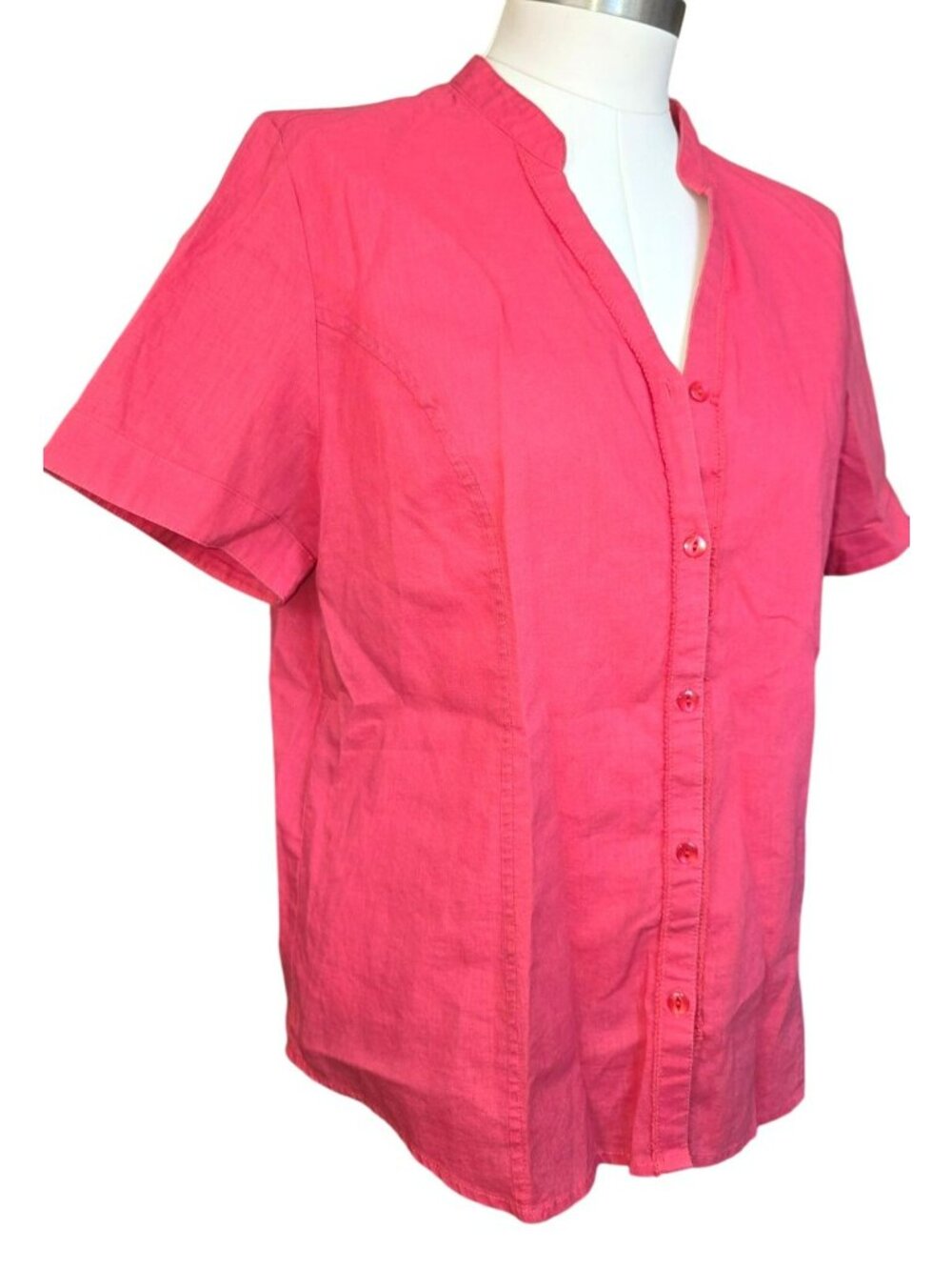 Coral Short-Sleeve Button-Up Blouse Mandarin Collar Cotton Linen Size M JJ4384